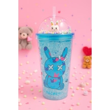 Sevimli Bunny Tavşan Figürlü Renkli Boncuklu Kristal Efektli Tasarım Pipetli Bardak Suluk Mavi 2087 Çok Renkli