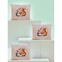Kalp Ve Sincap Baskılı 3'lü Makyaj Çantası 20x25 Cm - Kadın Doğum Günü Hediyesi Kadın Hediye Ürün
