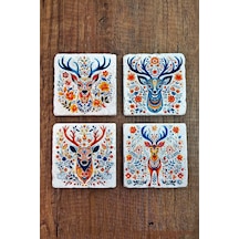 Doğal Taş Bardak Altlığı 4'lü Set 10x10x1 Cm Renkli Geyik Desen Baskılı-stone Coasters Çok Renkli