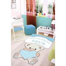 Mavi Kaymaz Tabanlı Bebek Halısı Ayıcıklı İsimli Halı Kd02n11