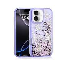 Zore İphone 16 Kılıf Sıvılı Simli Kelebek Baskılı Şeffaf Arka Yüzey Ogaa Glis Silikon Kapak - Mor
