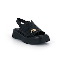 Mammamia D26ys-2920 Beyaz Hakiki Deri Lastikli Kalın Taban 3cm Topuk 5cm Kadın Sandalet Siyah