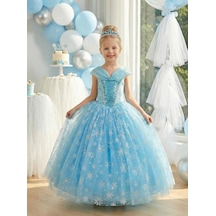 Butikhappykids Kız Çocuk Kostüm Mavi Elsa Frozen Düşük Omuz Detaylı Kasnaklı Kabarık Elsa Kostüm 3-8 Yaş Taç Hediyeli Mavi