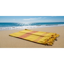 Ludıa Otantik Püsküllü %100 Pamuklu Büyük Boy Sarı Kırmızı Çizgili Peştemal Havlu 78x195 Cm Sarı - Kırmızı