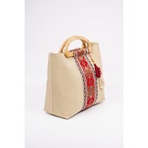 Fabric Craft Bag El Çantası Kahverengi Duck Kumaş Ahşap Saplı Kahverengi - Sütlü Kahverengi
