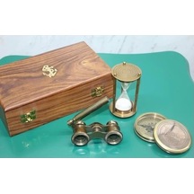 Ahşap Kutulu Pirinç Pusula, Kum Saati, Dürbün Seti
