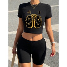 Tarzsokak Yaz New York Büyük Zafer Baskılar Kırpma T-shirt Şort Kadın İki Parçalı Set Üstleri Pantolon Siyah