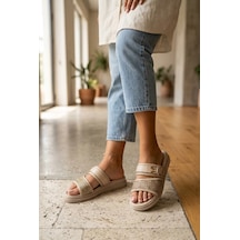 Shoetek Leyde Kadın Terlik Çift Bantlı Tokalı Düz Taban Bej Deri Bej Cilt