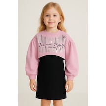 Kız Çocuk İkili Takım Elbise Siyah Elbise Ve Pembe Sweatshirt, Şık Günlük Kombin, Kız Çocuk Elbise Pembe