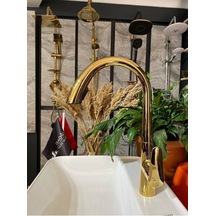 İsaoğlu Yapı Parlak Gold Gizli Spiralli Mutfak Bataryası Altın Spiralli Evye Bataryası Oynar Başlıklı Musluk Gold