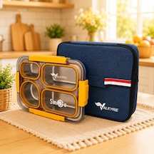 Valkyrie 304 Paslanmaz Çelik 4 Bölmeli Sarı Lunch Box Termal Çantalı Sızdırmaz Beslenme Kabı, Çatal Kaşık Dahil