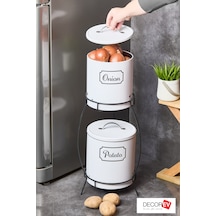 Decorev Kulplu 2 Katlı Patates Soğanlık Metal Patates  Soğan Kovası Sebzelik Sepeti Beyaz