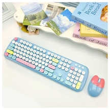 Geezer Zero Kablosuz Klavye Mouse Seti 2.4g Retro Daktilo Yuvarlak Tuşlu 104 Tuş Renkli Set Optik
