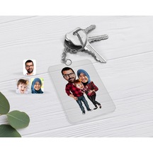 Kişiye Özel Tesettürlü Aile Karikatürlü Şeffaf Pleksi Anahtarlık- N11.8762