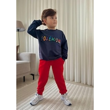 Jeliboomkidswear Erkek Çocuk 3-10 Yaş 2 İplik Likralı Günlük Eşofman Takımı Koyu Gri Füme - Kırmızı