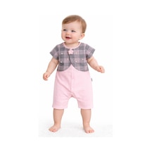 Chicsy Baby Kız Bebek Ekose Detaylı Tulum Tarz Çiçek Aksesuarlı Şık Yazlık Tulum Pembe