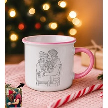 Bk Gift Kişiye Özel Line Art Çizimli Pembe Emaye Kupa Bardak -1, Arkadaşa Hediye, Sevgiliye Hediye