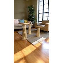 Altın Detaylı Ahşap Mantar Sehpa 3 Lü Takım Yan Sehpa Seti