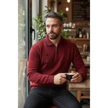 Kamalı Erkek Bordo Tüylenme Yapmayan Standart Fit Normal Kesim Nakış Desen Polo Yaka Triko Kazak
