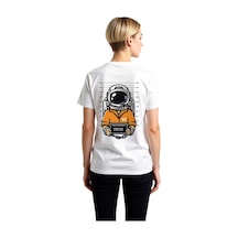 Paybuy Kadın Retro Uzay Temalı Baskılı Kısa Kollu Tişört Astronot Polis Beyaz