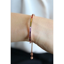 925 Ayar Gümüş Renkli Baget Taşlı Asansörlü Bileklik - B083801 Rose Gold