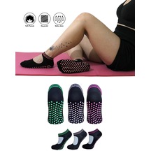 3 Çift Pamuklu Renkli Kaymaz Taban Silikon Baskılı Yoga Fitness Pilates Kadın Çorabı