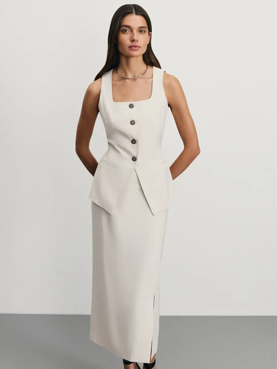 Zarına Dekoratif Düğmeli Kurşun Kalem Etek 432730006 Sütlü