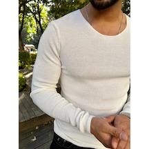 Elku Moda Kazak Örme Tüylenmez Naturel Pamuk Kazak Slim Fit Triko Dar Kesim Body Kazak Beyaz