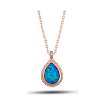 925 Ayar Gümüş Rose Damla Mavi Opal Taşlı Kadın Kolye Rose Gold