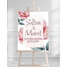 Söz Nişan Düğün İçin 50x70 Karşılama Panosu - Pembe Çiçek Tasarımlı Beyaz