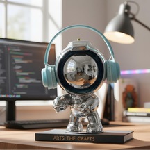 Dekoratif Astronot Heykelcik Mavi Reçine + Galvaniz Kaplama 285mm