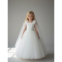 Zekids Kız Çocuk Kol Detaylı Prenses Model Abiye Elbise-17245 Beyaz