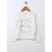 Kız Çocuk Bisiklet Yaka Önü Taş Baskılı Pamuklu Düşük Omuz Ekru Kışlık Sweatshirt/üst Giyim Ekru