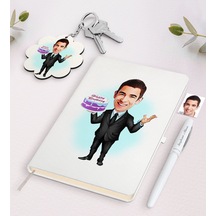 Kişiye Özel Erkek Doğum Günü Karikatürlü Beyaz Defter Kalem Ve An N11.3995