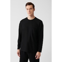 Avva Erkek Siyah Oversize Ütü Gerektirmeyen Jakarlı Uzun Kollu Cepli T-Shirt A31Y1284