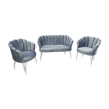 Garden House Gri Kumaş Gümüş Metal Ayaklı Gümüş Şeritli Çay Seti Koltuk Ofis Koltuk Takımı Bekleme Koltuğu Gri