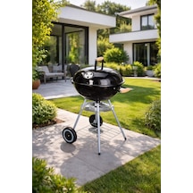Yuvarlak Kömürlü Mangal Ahşap Kulplu Tekerlekli Mangal 44 Cm