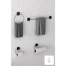 Siyah Yapışkanlı 4 Lü Banyo Seti Uzun Havluluk Yuvarlak Havluluk Kağıt Havluluk Wc Tuvalet Kağıtlığı Siyah
