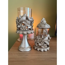 Kuşlu Ayaklı Ve Kapaklı Dekoratif Cam Mumluk & Şekerlik Seti Eskitme Gümüş Şampanya 2'li Şamdan & Kavanoz 27x12 Cm & 23x12 Cm Çok Renkli