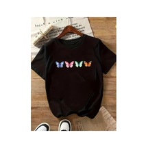 Medinenur Kelebek Baskılı Basic T-shirt Siyah