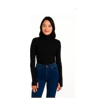 İngegno Body Boğazlı Uzun Kol Parmak Geçme Detay Viskoon Örme Kumaş Kadın Body Siyah