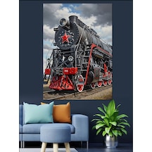 Ahşap Tablo Siyah Buharlı Tren Lokomotifi