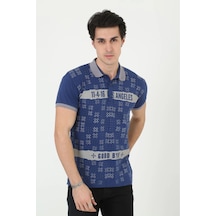 Erkek Polo Yaka Tişört Slim Fit Baskılı Kısa Kol T-shirt - Mi Mavi