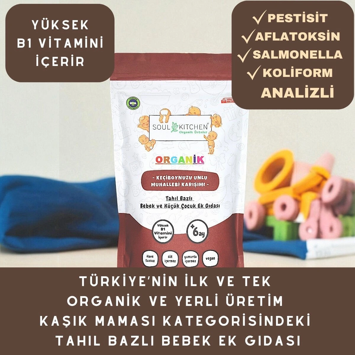 Soul Kitchen Organik Keçiboynuzu Unlu Muhallebi Karışımı Tahıl Bazlı Bebek Ek Gıdası B1 Vitaminli 250 G