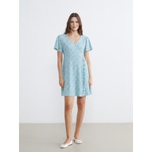 Lcw Comfort Mavi Kruvaze Yaka Çiçekli Belden Oturtmalı Mini Elbise
