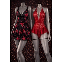 Albonishop Romantik Koleksiyon Kırmızı Dantel Fantazi Gecelik Ve Çiçek Baskılı Tül Babydoll Kombin Set Çok Renkli