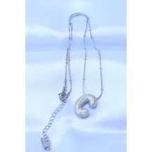 Forwhat Zarif Kadın İçin Silver Çelik Zincirli Zirkonlu C Harf Stil Baloncuk Kolye Metalik