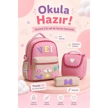 З'lü İlkokul Su Geçirmez Kumaş Çanta Seti Kız Çocuk Sırt Çantası + İçi Folyolu Beslenme Çantası + Kalemlik Pembe Pembe