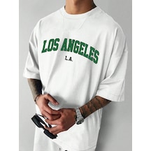 Los Angeles L.a Süprem T-shirt - Beyaz Baskılı Oversize Bisiklet Yaka Tişört Beyaz-76044