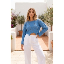 Sayzen Your Shine Dantel Işleme Crop Bluz Sy-shn04 Gök Mavi